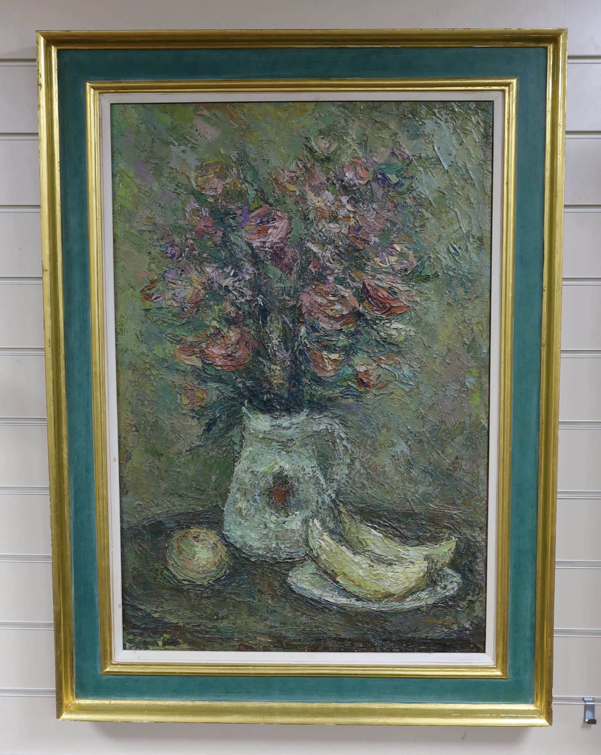 Russian School, impasto oil on canvas, Still life of flowers in a vase with fruit, 76cm x 51cm